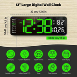 13" Large Digital Wall Clock with Temperature, Date, Auto DST & Night Light